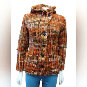 World Folk Art Wool LS Hooded Coat Red, Black And Orange Size  Small